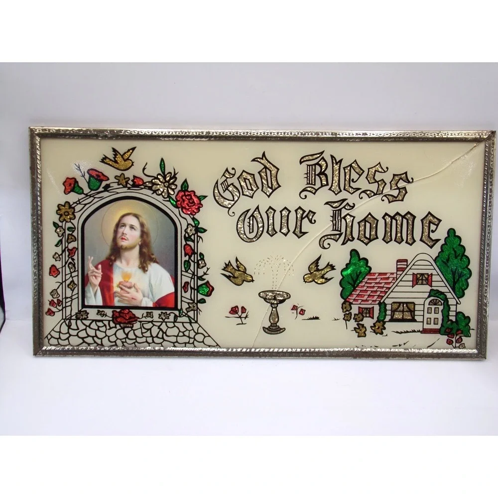 Vtg GOD BLESS OUR HOME Foil Mirror Glass Plaque Scalloped Wall Art 16x8